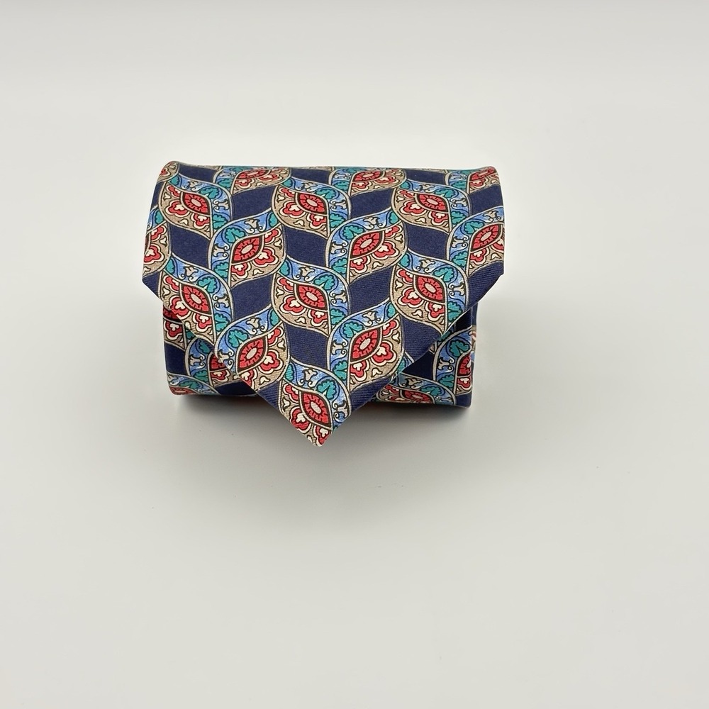 Oscar De La Renta Couture Necktie Silk Navy & Colorful Geometric Pattern